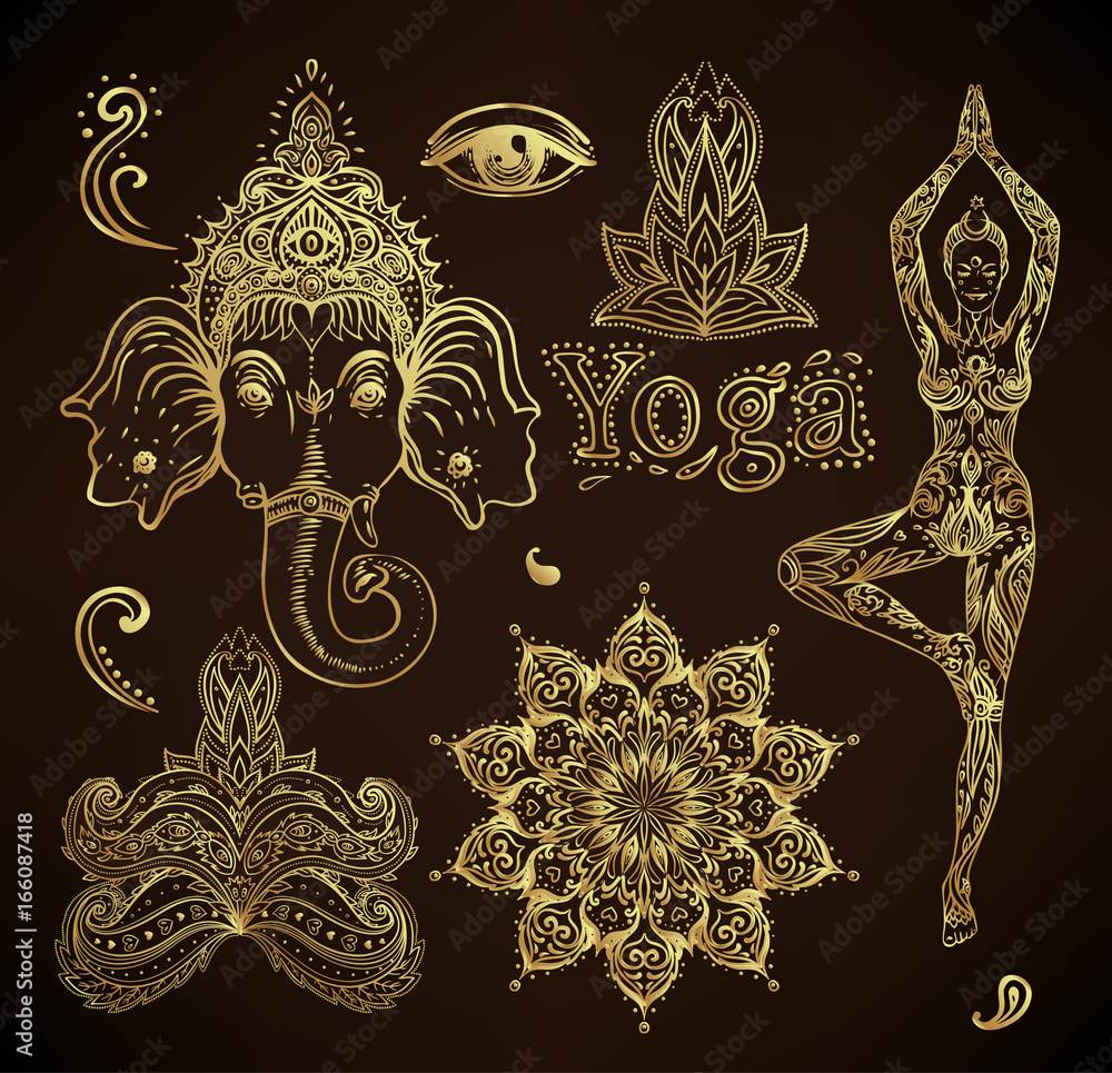 Wall mural boho chic dreamcatcher illustration set. hindu paisley motifs. gold spirituality, prints, ornamental