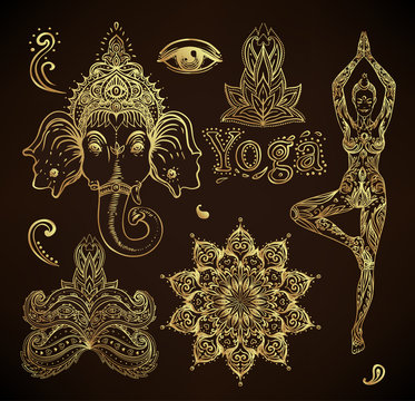 Boho chic dreamcatcher illustration set. Hindu paisley motifs. Gold spirituality, prints, ornamental floral elements with henna design, golden stickers, flash temporary tattoo.