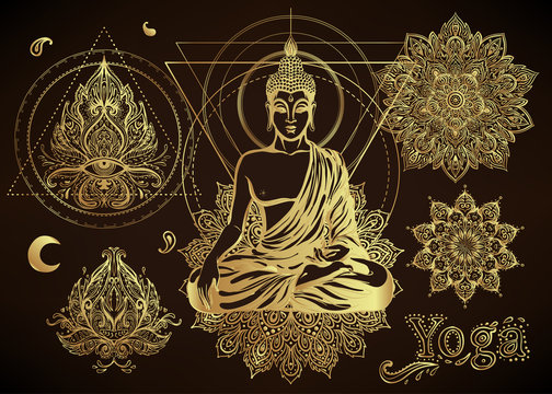 Yoga, meditation vector illustration set. Hindu paisley motifs. Buddha, spirituality, prints, ornamental floral elements with henna drawing, golden stickers, flash temporary tattoo.