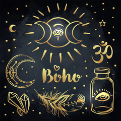 Boho chic dreamcatcher illustration set. Hindu paisley motifs. Gold spirituality, prints, ornamental floral elements with henna design, golden stickers, flash temporary tattoo.