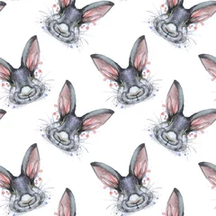 Tapeten Gemalte Zeichnung mit Aquarell nahtlose Musterporträt eines Tiersäugetier-Kaninchenhasen in Bettfarben auf weißem Hintergrund mit Spritzern und Scheidungen für Muster, Design und Dekor, Druck © Zaam