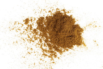 Turmeric (Curcuma) powder pile isolated on white background, top view