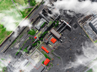 Panorama aerial view shot of coal processing plant, industrial production