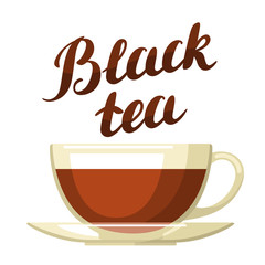 Black tea. Illustration with cup of tea and hand written lettering text