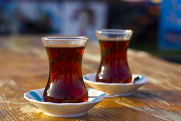 Turkish black tea in traditional glasses on the table