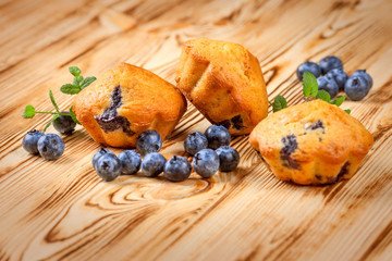 Obraz na płótnie Canvas Blueberry muffin. Homemade baked cupcake with blueberries, fresh berries, mint on wooden background. Empty space for text.