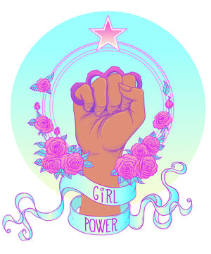 Fight like a girl. Woman's hand with crystal quartz brass knuckles. Fist raised up. Girl Power. Feminism concept.