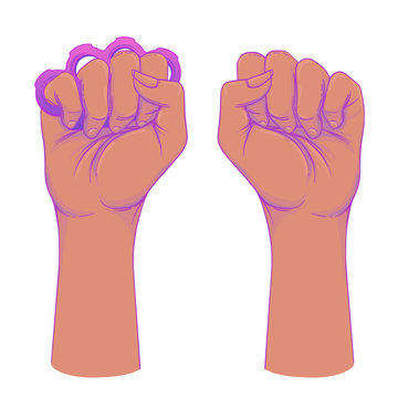 African American Woman's hand with her fist raised up. Girl Power. Feminism, anti-racism concept. Realistic style vector illustration in pink on white.