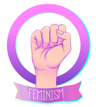 Woman's hand with her fist raised up. Girl Power. Feminism concept. Realistic style vector illustration in pink pastel goth colors isolated on white