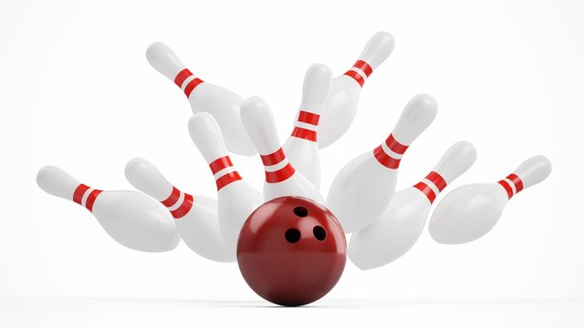 3D rendering Bowling Ball crashing into the pins on white background