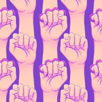 Woman's hand with brass knuckles. Fist raised up. Girl Power. Feminism concept. Realistic style vector illustration in pink and purple pastel goth colors isolated on white.