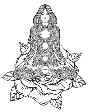Woman ornate silhouette sitting in lotus pose. Meditation, aura and chakras. Vector illustration over rose flower.