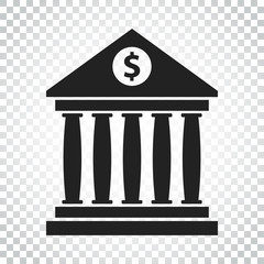 Bank building icon with dollar sign in flat style. Museum vector illustration on isolated background. Simple business concept pictogram.