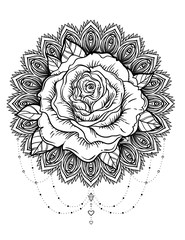 Hand drawn rose flower over ornate round pattern mandala. Vector illustration isolated on white. Invitation element. Coloring book pages for kids and adults.