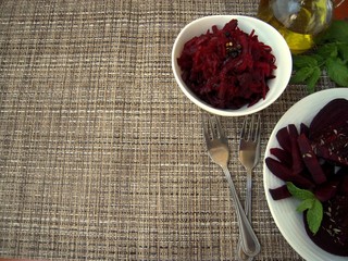 Beet salad with olive oil, left copyspace.
