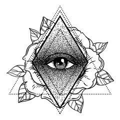 Rosicrucianism symbol. Blackwork tattoo flash. All seeing eye, Cristian cross with rose flower. Sacred geometry. Vector illustration isolated on white. Tattoo design, mystic symbol.