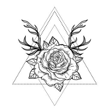 All seeing eye symbol over rose flower and deer antlers. Sacred geometry. Tattoo flash. vector illustration isolated on white. Mystic symbol. New school. Boho design