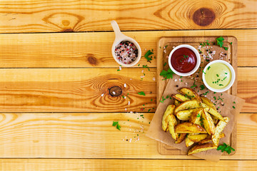 Baked potato with sauce and spices on dark background
