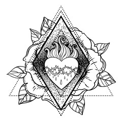 Sacred Heart of Jesus. Vector illustration isolated on white over roses floral and geometric background. Vintage style element. Religion, occultism, alchemy, magic, love.