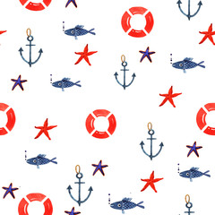 Watercolor illustration of marine seamless pattern