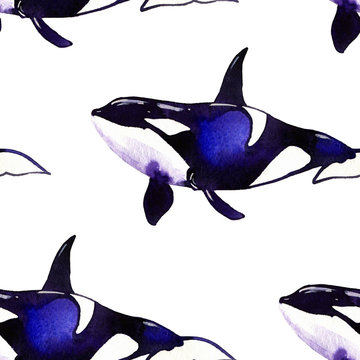 Watercolor illustration of killer whale seamless pattern
