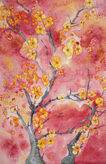 Obraz na płótnie Canvas Sakura against a red sky. The dabbing technique near the edges gives a soft focus effect due to the altered surface roughness of the paper.