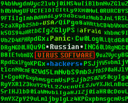 Computer virus concept. Virus in program code. Russian hackers.