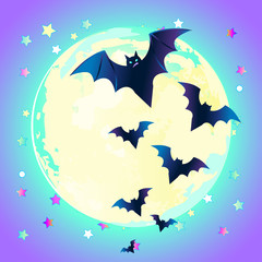 Halloween vector illustration: creepy cute vector bat flying against full moon in neon pastel colors. Retro gothic style.