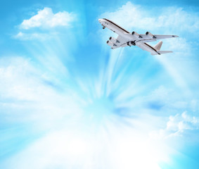 Airplane in the sky. Elements of this image furnished by NASA. 3D illustration