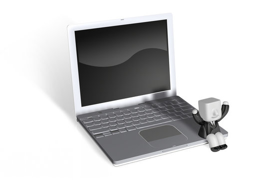 3d business man sitting on the laptop