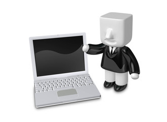 3d business man standing next to laptop. 3D Square Man Series.