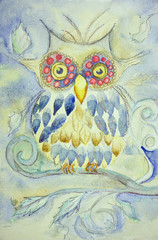 Impression of an owl sitting on a branch of an imaginary tree. The dabbing technique near the edges gives a soft focus effect due to the altered surface roughness of the paper.