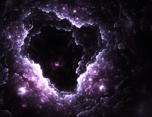 Pink and violet illuminated fractal clouds hole with lens flare