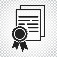 Certificate icon. Diploma symbol. Flat vector illustration on isolated background. Simple business concept pictogram.