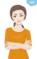 Offended young woman crossed her arms. A girl stands in an orange sweater with her arms crossed over her chest.