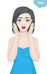A young woman is happily surprised. The girl opened her mouth, her face in surprise.