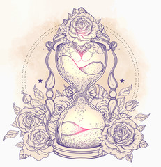 Decorative antique hourglass with roses illustration isolated on white. Hand drawn vector art. Sketch for dotwork tattoo, hipster t-shirt design, vintage style posters.