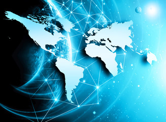 Fototapeta premium World map on a technological background, glowing lines symbols of the Internet, radio, television, mobile and satellite communications.