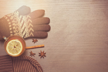 gloves, hat and hot tea with lemon and spices. warm autumn toning. copy space.