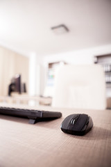 Close up on mouse and keyboard in modern empty office. Workplace and concept