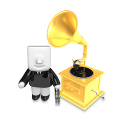 3D Business man Mascot and old record player. 3D Square Man Series.