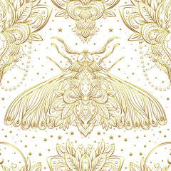 Gold and white decorative vector pattern with a moth isolated on white. Golden stickers, flash temporary tattoo. Nature, spirituality, occultism, alchemy, magic .