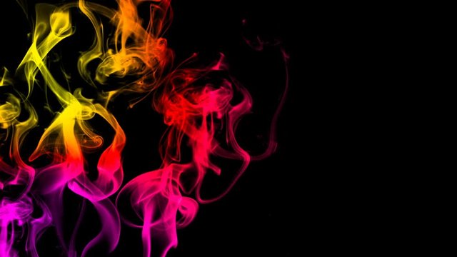 CG animation of colorful smoke on a black background. Juicy and fresh color. 3D rendering with a loopy background