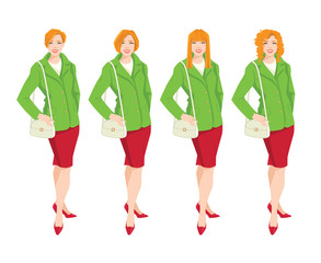 Obraz premium Vector illustration of redhead women with different haircut. Woman in green jacket and red skirt isolated on white background