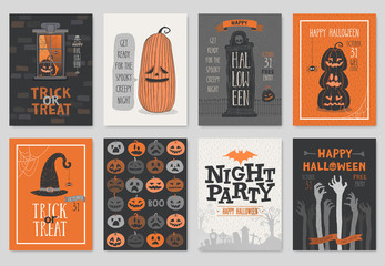 Halloween hand drawn invitation or greeting Cards set.