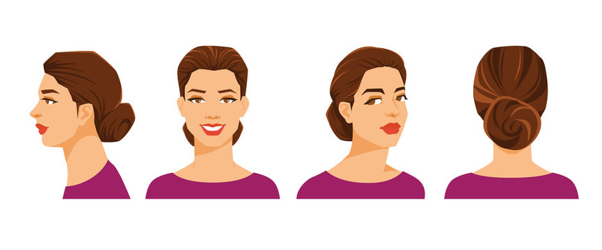 Vector illustration of woman's face on white background. Various turns heads. Face in side view, front view, half-turn and back view. Women with sheaf hairstyle