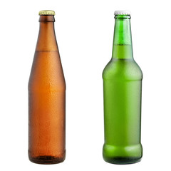 Glass bottle of brown and green color, clipping path, cold beer, water drops on container, isolated on white background