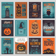 Halloween hand drawn invitation or greeting Cards set.