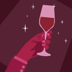Hand holding wine glass flat design background
