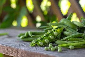 pods of young green juicy peas in the gazebo on a wooden bench in summer